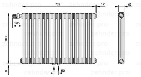 Схема (чертеж) Радиатор Zehnder Charleston 2100/17 №V007 Белый глянцевый RAL 9016